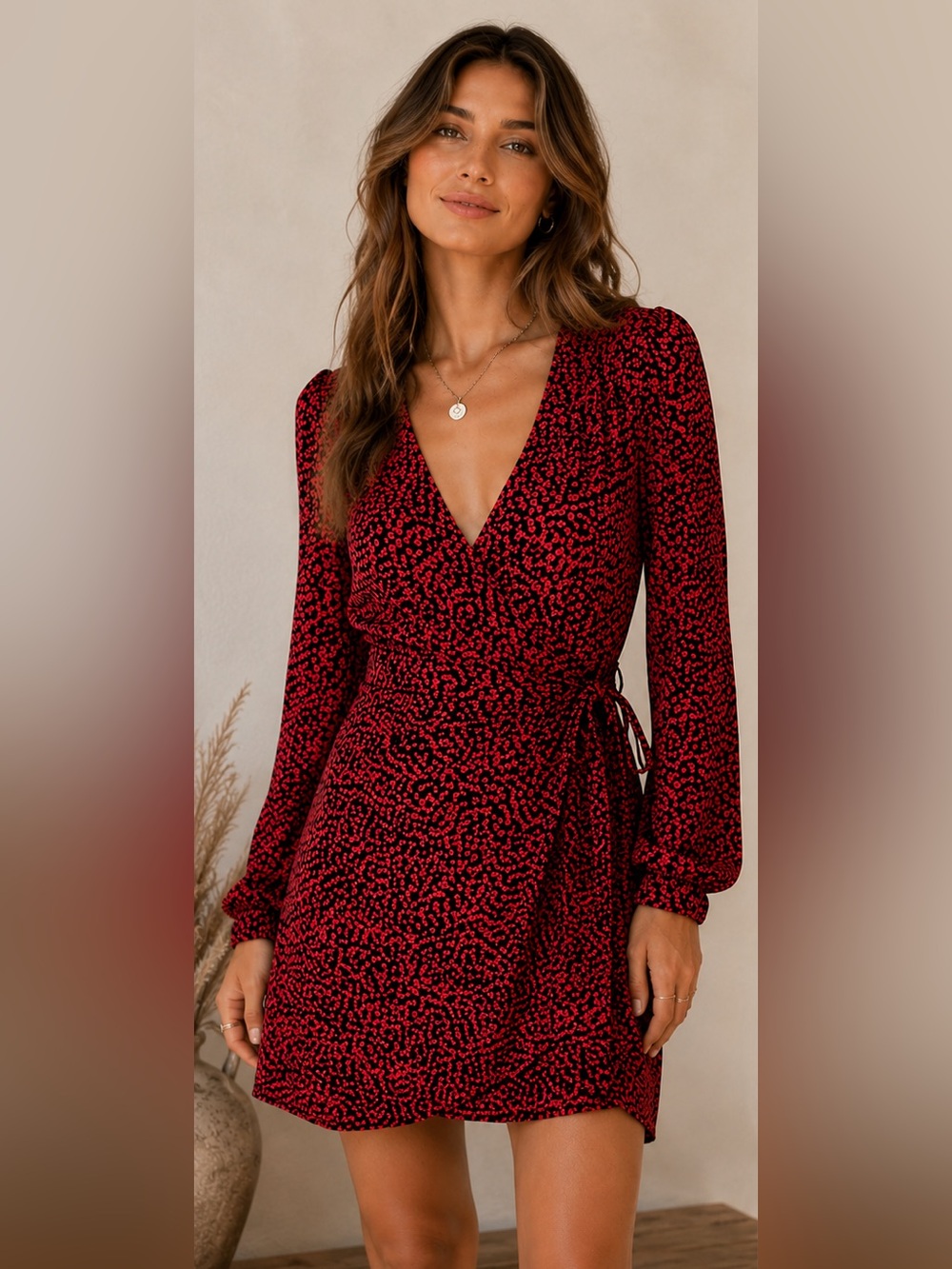 Free People Red Kinsley Wrap Mini Dress Size 6 Boho Floral Long Sleeve